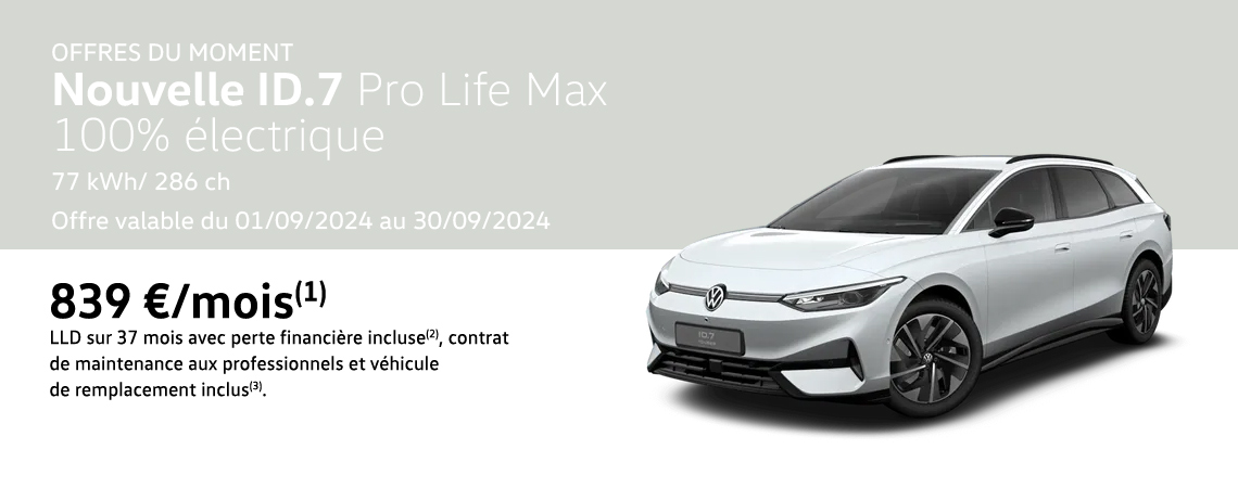 Nouvelle ID.7 Tourer Pro Life Max 100% électrique 77 kWh / 286 ch À partir de 839 €/mois