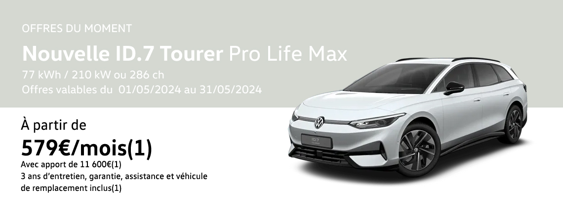 Nouvelle ID.7 Tourer Pro Life Max 77 kWh / 210 kW ou 286 ch À partir de 579€/mois