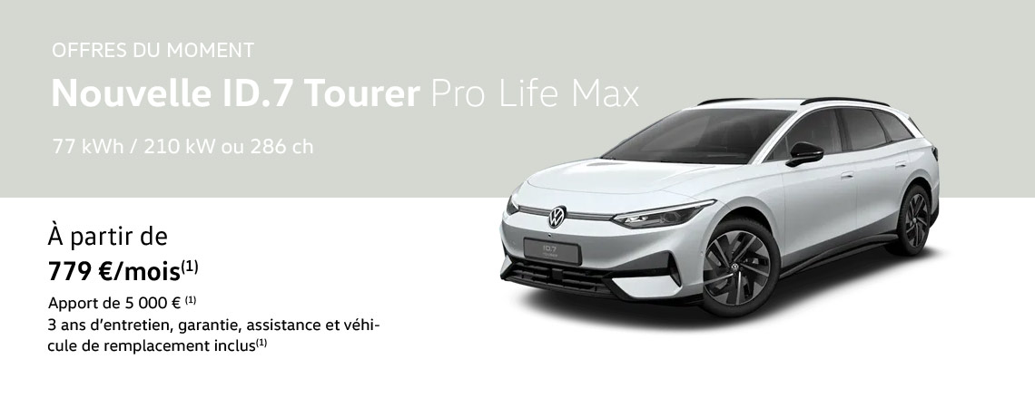 Nouvelle ID.7 Tourer Pro Life Max 77 kWh / 210 kW ou 286 ch À partir de 789 €/mois