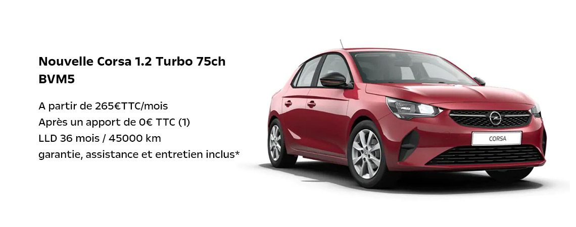 Opel Nouvelle Corsa 1.2 Turbo 75ch BVM5 A partir de 258 € TTC/mois