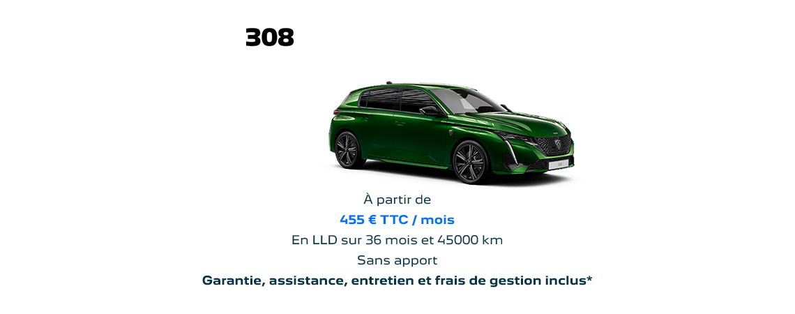 PEUGEOT 308 HYBRIDE À PARTIR DE 455 € TTC/mois