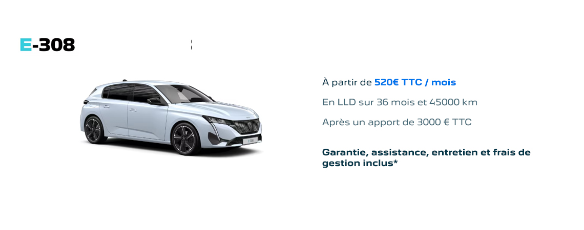 Peugeot e-308 à partir de 520 € TTC par mois