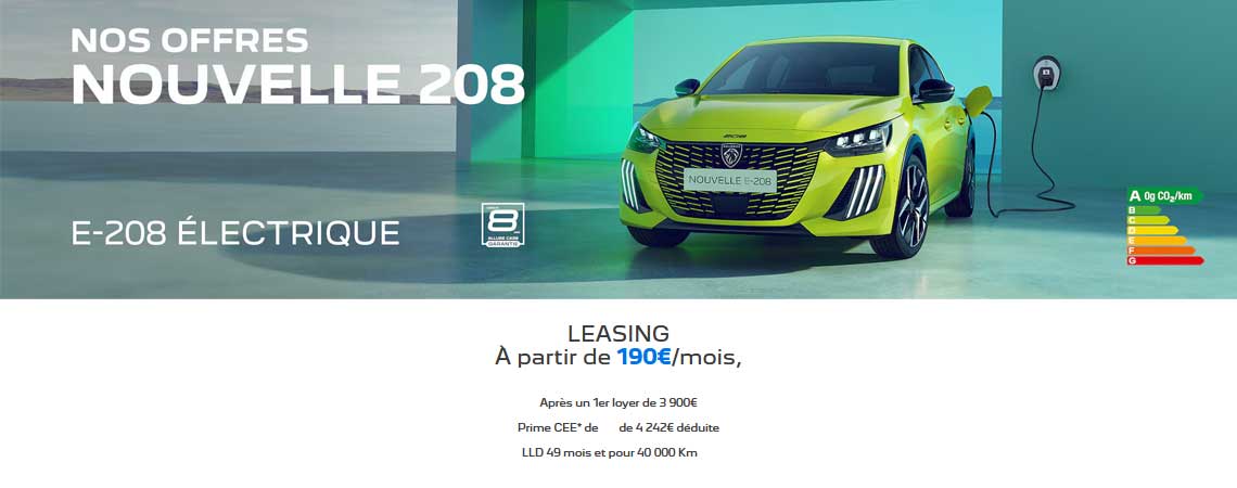 PEUGEOT NOUVELLE E-208 ÉLECTRIQUE À PARTIR DE 190 €/mois