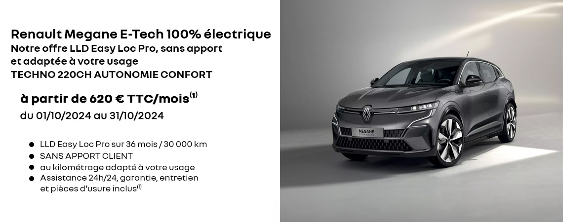 Renault Megane E-Tech 100% électrique à partir de 620 € TTC/mois