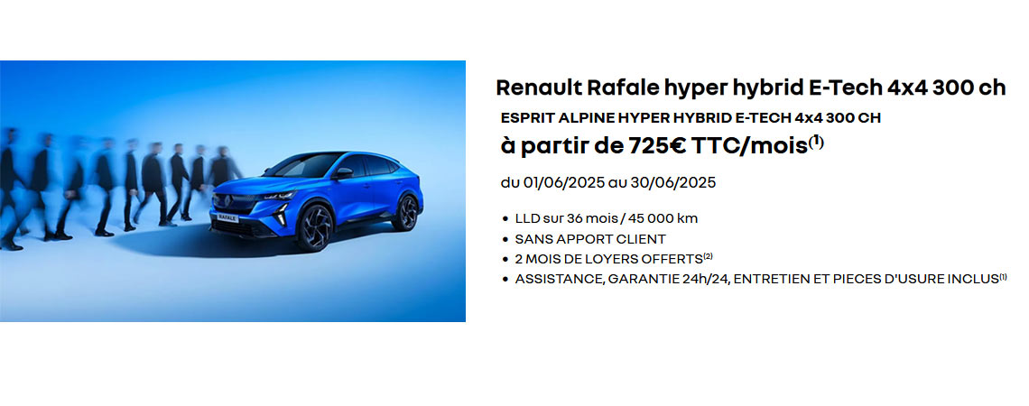 RENAULT RAFALE E-TECH 4X4 300 CH à partir de 695€ TTC/mois