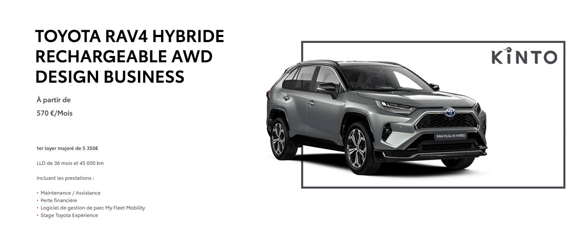 TOYOTA RAV4 HYBRIDE RECHARGEABLE AWD DESIGN BUSINESS À PARTIR DE 570 €/MOIS